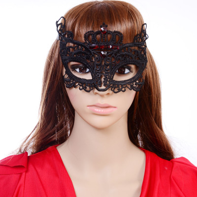 N-5295 New Gothic Black Silk Needle Lace Chain Hollow Out Flower Red Stone Crystal Mask