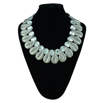 N-5301 European style vintage silver print leaves flower crystal drop stone luxury statement bib necklace