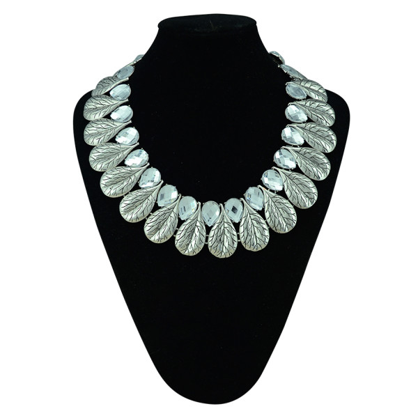 N-5301 European style vintage silver print leaves flower crystal drop stone luxury statement bib necklace