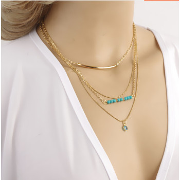 N-5303 European Style gold plated alloy multi-element turquoise beads multilayer copper eye pendant necklace