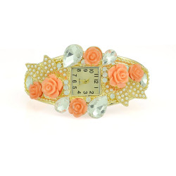 B-0446 European Fashion Style Wide Gold Bangle Watch Rhinestone Alloy Bracelets wristwatch