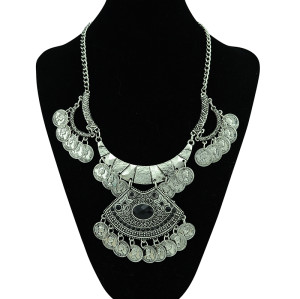 N-5225 Bohemian Antalya Medium Carving Rhinestone Large Pendants Coin Collar Fringe Chain Necklace Silver Gypsy Statement Boho Festival Turkish Jewelry Ethnic