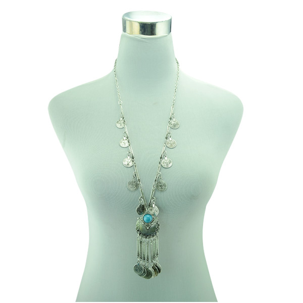 N-5332 European vintage style silver plated alloy tassel coin necklace