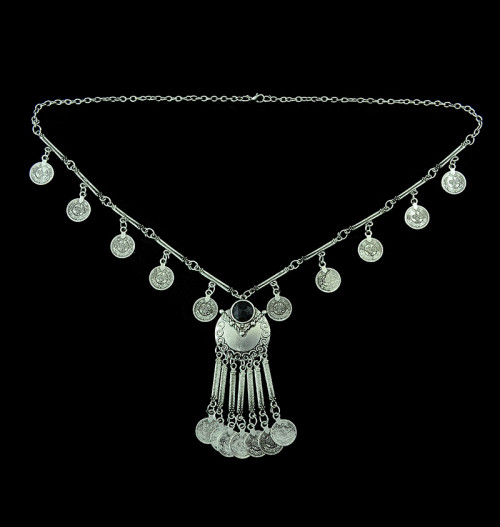 N-5332 European vintage style silver plated alloy tassel coin necklace