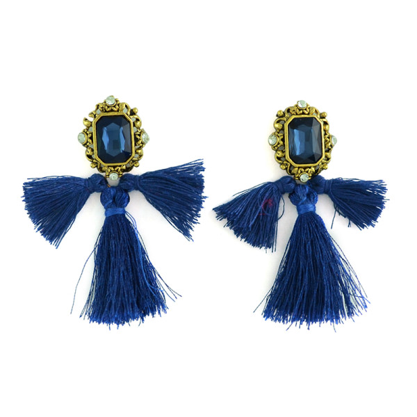 E-3389 European Style vintage gold plated alloy square gem stone rhinestone crystal thread fringe tassel long earrings