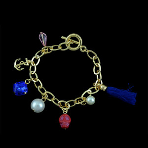 B-0444 European and American style gold plated alloy skull chain pearl gem bracelet