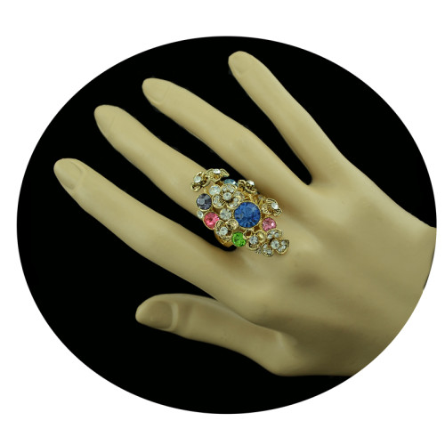 R-1169 Bohemian Style gold plated alloy colorful crystal rhinestone flowers Rings