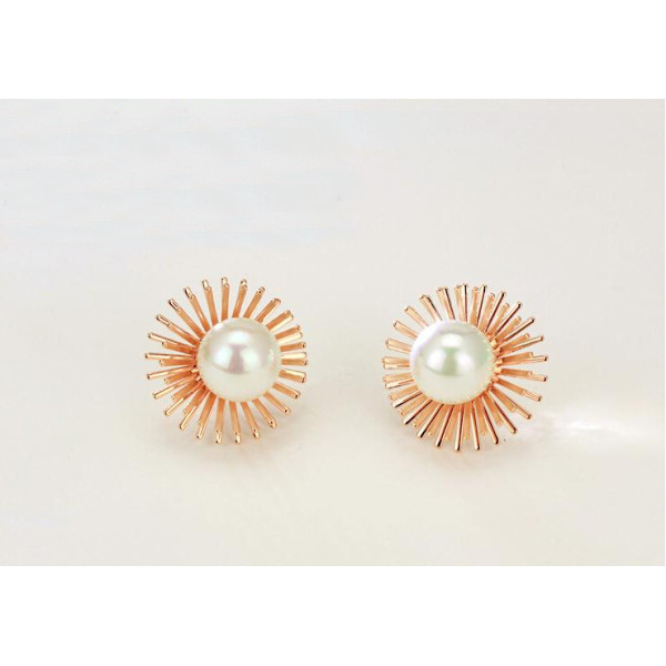 E-3403 fashion style gold plated alloy double flower pearl stud earrings