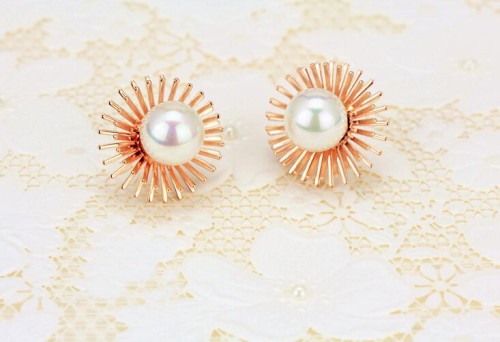 E-3403 fashion style gold plated alloy double flower pearl stud earrings