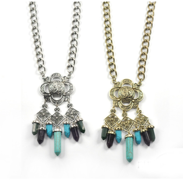 N-5358 European Vintage Style Carving Flower Natural stone Turquoise Drop Tassels Statement Necklace Earring Set