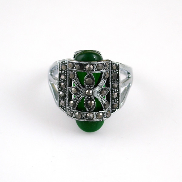 R-1178 Turkish style silver carving flower metal rhinestone acrylic gemstone rings