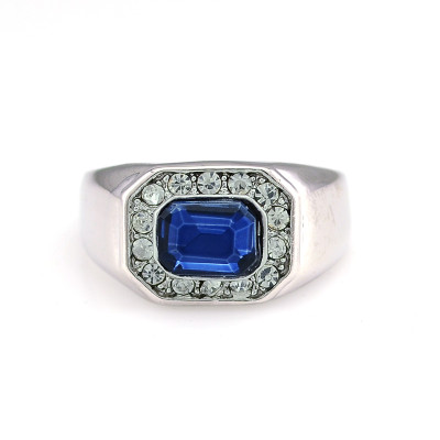 R-1177 fashion style silver plated alloy blue crystal clear rhinestone men rings 4 sizes