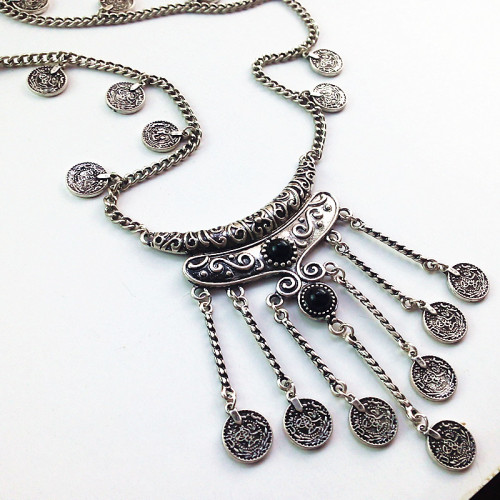 N-5370 Spanish style silver plated coin tassel gems exaggerated long sweater chain necklaces