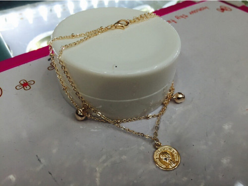 B-0474 Korean fashion rose gold plated head double chains anklet bell charm hand chain jewelry
