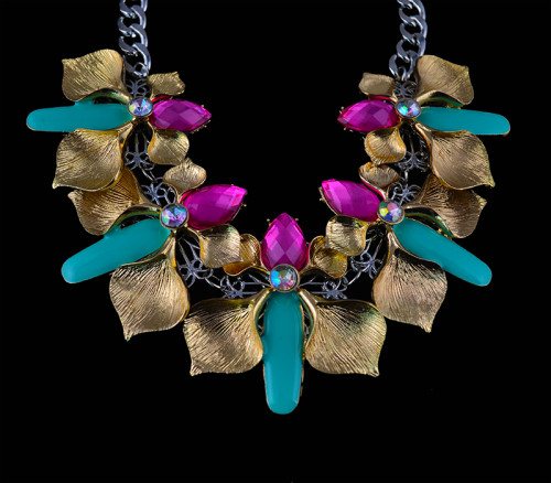 N-5397 vintage style gold plated alloy crystal flower statement necklace