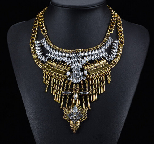 N-5353 European Style Silver/Vintage Gold Plated Alloy Tassel Crystal Double Link Chain Statement Shourouk Pendant Necklace