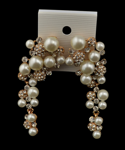 E-3453 Fashion Trendy Gold Silver Statement Long Dangle Pearl Earrings Elegant Rhinestone Crystal Tassel Wedding Earrings