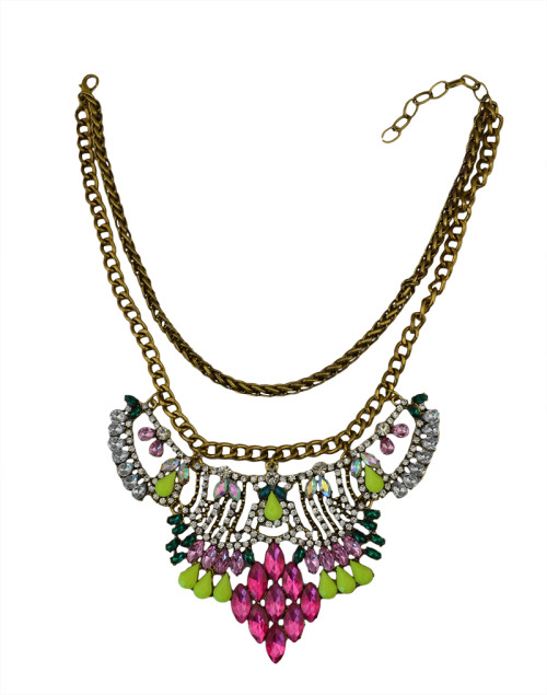 N-5427 European style vitnage silver gold clear colorful crystal rhinestone flower statement shourouk double chain necklace