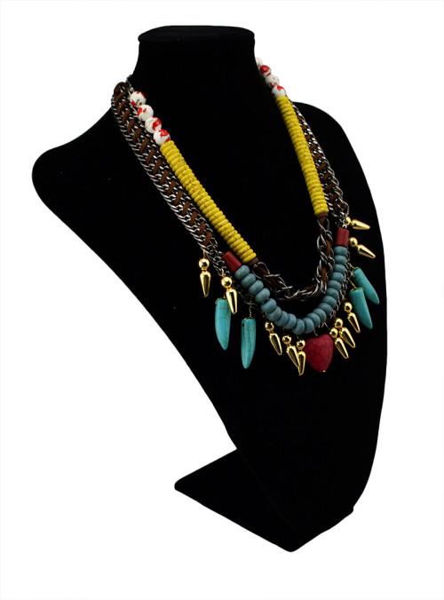 N-5436 Bohemian style vintage colorful turquoise leather bead double chain choker heart pendent statement necklace