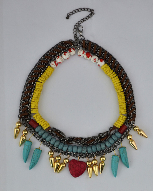 N-5436 Bohemian style vintage colorful turquoise leather bead double chain choker heart pendent statement necklace
