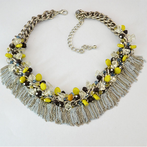 N-5434 fashion style silver plated alloy colorful bead chain tassel choker bib necklace