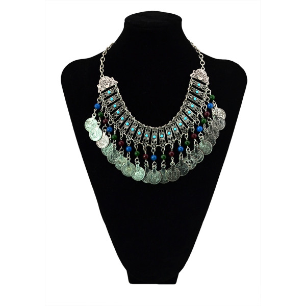 N-5431 Gypsy silver coin tassel colorful beads tassel choker trible statement necklace