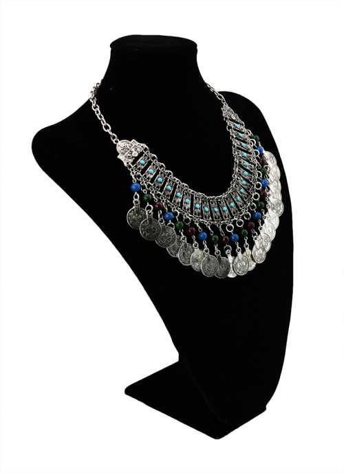 N-5431 Gypsy silver coin tassel colorful beads tassel choker trible statement necklace