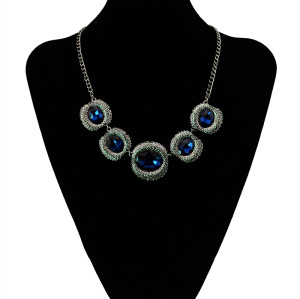 N-5438 Hot New Fashion Vintage Style Blue Black Crystal Alloy Gun Black Plated Statement Necklace Women Jewelry