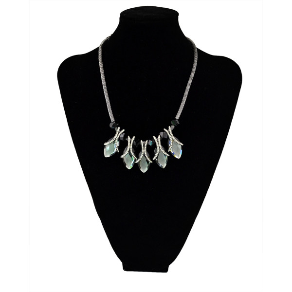 N-5449 Vintage style silver plated alloy black leather frosted leaf pendant necklace