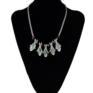 N-5449 Vintage style silver plated alloy black leather frosted leaf pendant necklace
