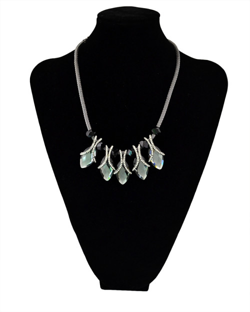 N-5449 Vintage style silver plated alloy black leather frosted leaf pendant necklace