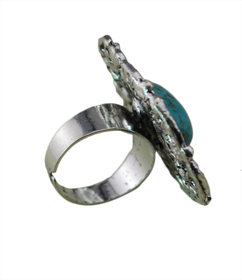 R-1202 Bohemian Vintage Turquoise Tibetan Silver Oval Big Size Adjustable Exaggerated Rings for Women Jewelry
