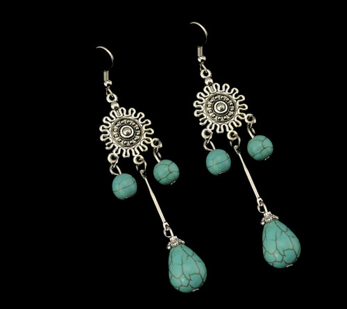 E-3475 Bohemian Vintage Style Silver Plated Alloy Turquoise Water Drop Long Dangle Drop Earrings for Women