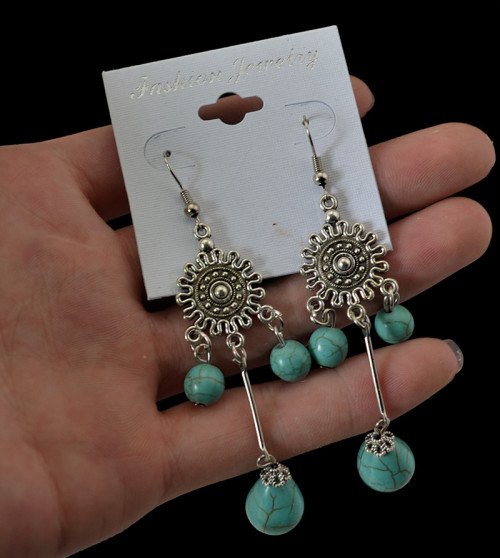 E-3475 Bohemian Vintage Style Silver Plated Alloy Turquoise Water Drop Long Dangle Drop Earrings for Women