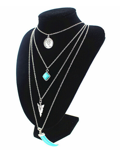 N-5447 European and American retro multi-layer Bohemian gold silver plated long chain turquoise pendant necklace