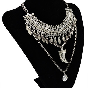 N-5481 European style silver plated chunky chain colorful rhinestone leaf ox horn crystal drop pendant  necklace statement 2015