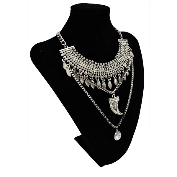 N-5481 European style silver plated chunky chain colorful rhinestone leaf ox horn crystal drop pendant necklace statement 2015