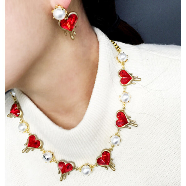 N-5476  E-3472 European style  pearl heart-shaped red ruby stone necklace earrings sets