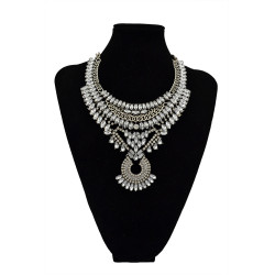N-5489 New European Brand Luxury Fashion Women Silver Pearl Rhinestone Large Pendant Statement Choker Necklace