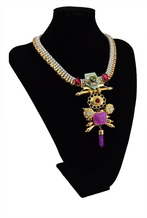 N-5492 New Design Gypsy gold platd chunky chain opal crystal natural gem stone pendant necklace