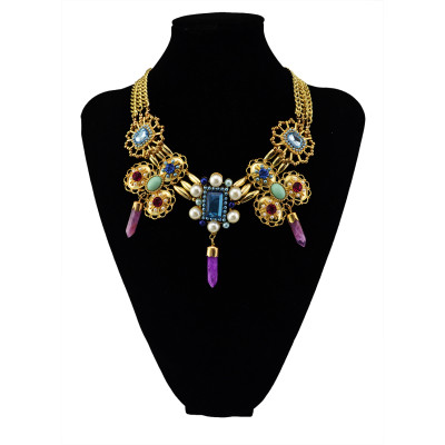 N-5504 New Design Gypsy Gold Platd Chunky Chain Opal Crystal Natural Gemstone Pendant Necklace