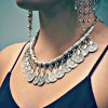 N-5115 Silver TURKISH Carving Hollow Out Coin Necklace Rhinestone floral design. Boho Gypsy Beachy Ethnic Tribal Festival Jewelry Turkish Bohemian