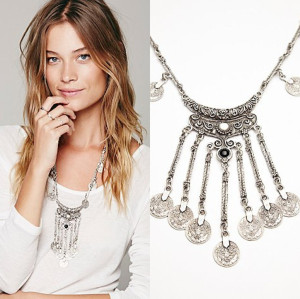 N-5370 Spanish style silver plated coin tassel gems exaggerated long sweater chain necklaces