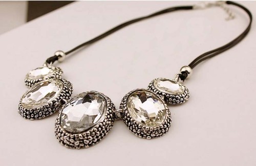 N-3804 Europe Style Leather Rope Chain Exaggerated Big Gem Crystal Choker Necklace