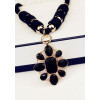 N-3791 European Style  Black Ribbon Double Chains Golden Balls Rhinestone Crystal Flower Pendant Necklace