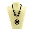 N-3791 European Style  Black Ribbon Double Chains Golden Balls Rhinestone Crystal Flower Pendant Necklace