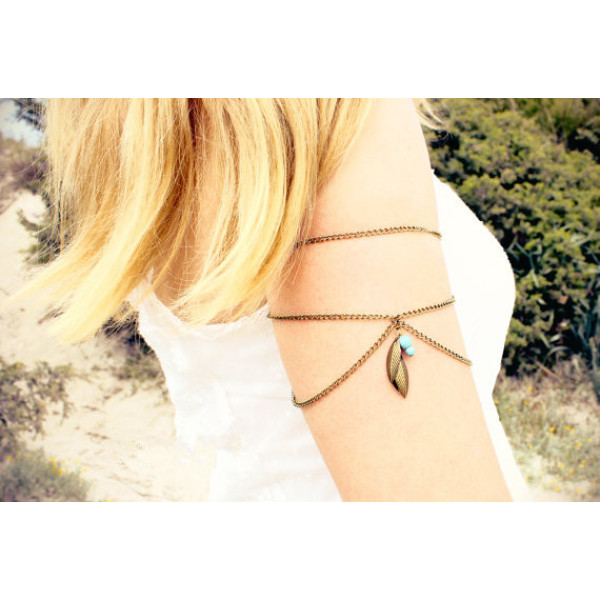 N-5465 Europe style silver gold multilayer chain blue bead leaves tassel armbamd arm chain bracelet