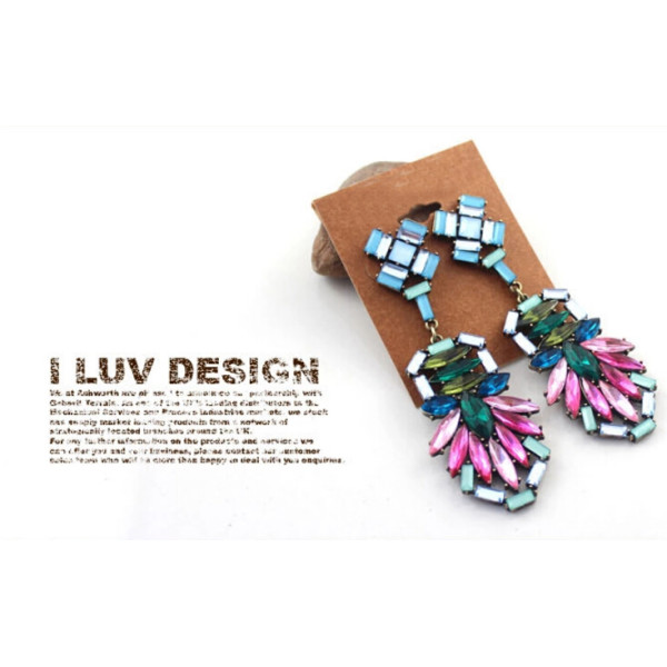 E-3252  European style bronze alloy colorful crystal drop long dangle statement luxury earrings