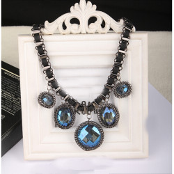 N-3919 Korea Style Summer Jewelry Gunk Black Silk Ribbon Chain Big Round Circle blue/Champagne crystal drop Pendant Choker Necklace