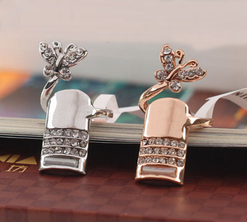 R-1205 New Arrival Women Brand Creative Jewelry Gold/Silver Plated Full Charm Rhinestone Butterfly Long Finger Tip Nail Rings